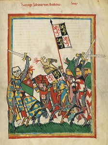 Hertog Jan I van Brabant uit de Manesse codex. Bron: UB Heidelberg, Cod. Pal. germ. 848, fol. 18r. Zie: http://digi.ub.uni-heidelberg.de/diglit/cpg848/0031