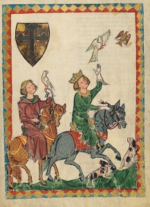 Koning Konrad de Jonge op valkenjacht.  Bron: Manesse-codex, UB Heidelberg, Cod. Pal. germ. 848, fol. 18r. Zie: http://digi.ub.uni-heidelberg.de/diglit/cpg848/0009