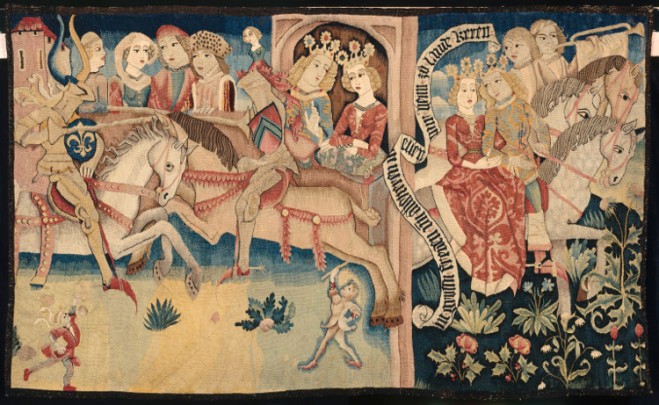 Wandtapijt met een toernooi, Straatsburg, ca. 1475-1500. Musée de Cluny, inv. RF 7351 (zie http://www.musee-moyenage.fr/collection/oeuvre/tournoi-tapisserie.html).