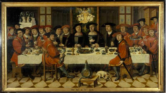  Maaltijd van de Heren van Liere te Antwerpen (1523). Anoniem Zuid-Nederlands. Olieverf op paneel. Collectie Centraal Museum, Utrecht. Zie hier.